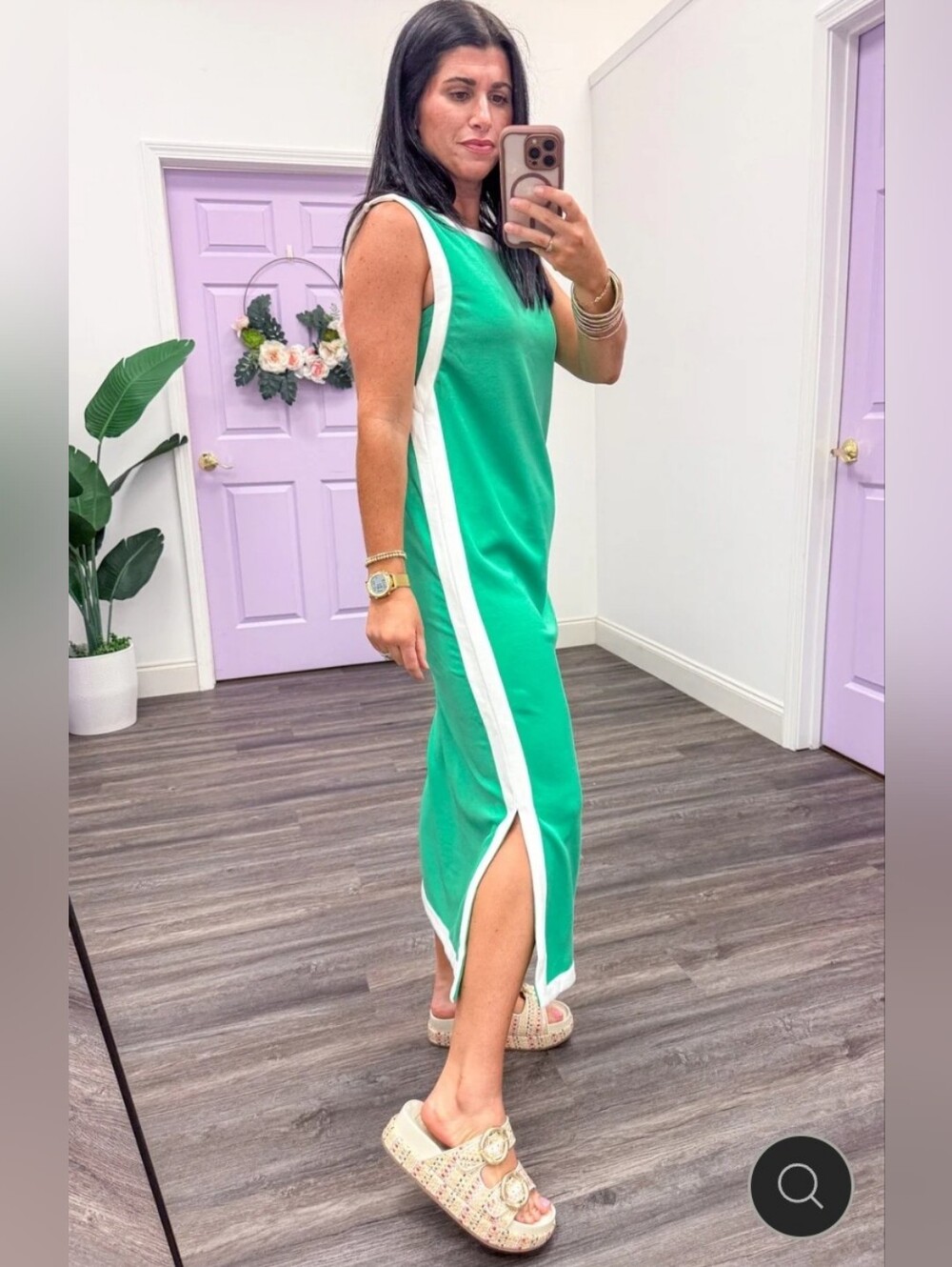 Entro Bright Green Sleeveless Maxi Dress with White Trim - Picture 2 of 5
